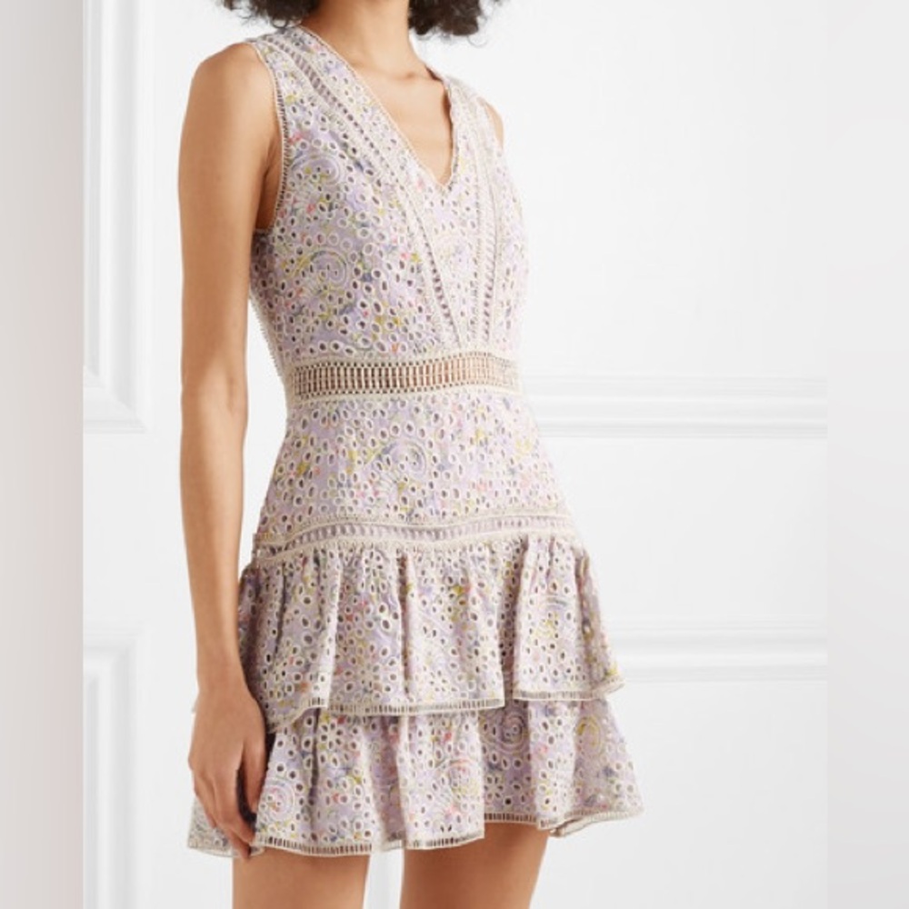 Alice and Olivia Tonie Eyelet Tiered Dress Lilac Floral Purple Embroidered Mini